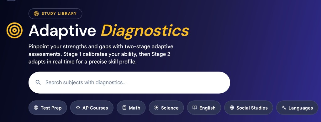 Varsity Tutors Adaptive Diagnostics library with subject filters