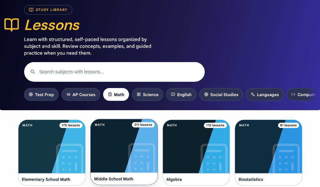 Varsity Tutors Lessons library with subjects and math lesson collections