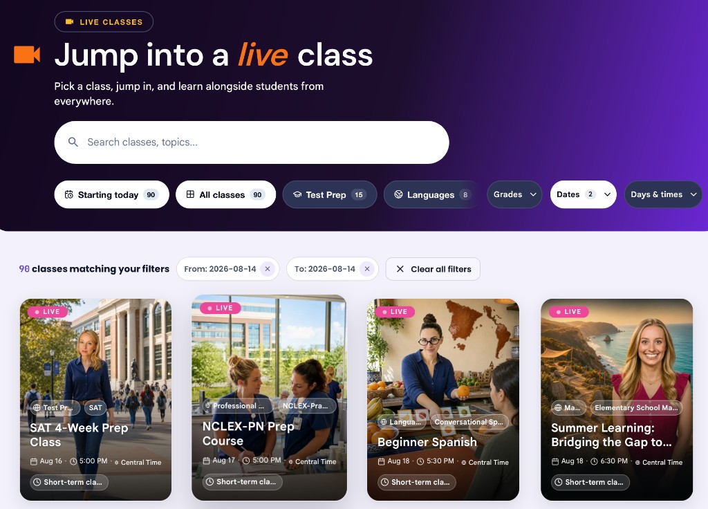 Varsity Tutors Live Classes catalog with class cards and filters