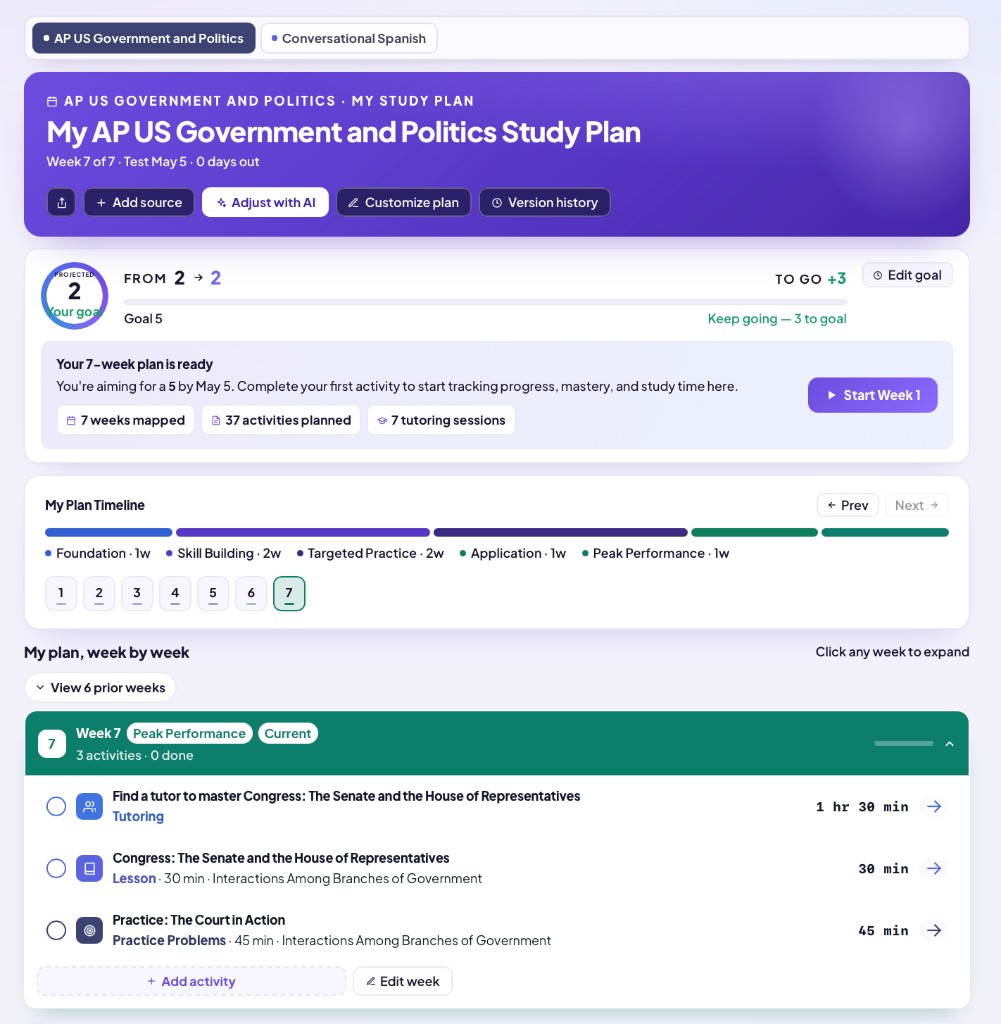 Varsity Tutors Study Plan showing a weekly learning plan with tutoring, lessons, and practice