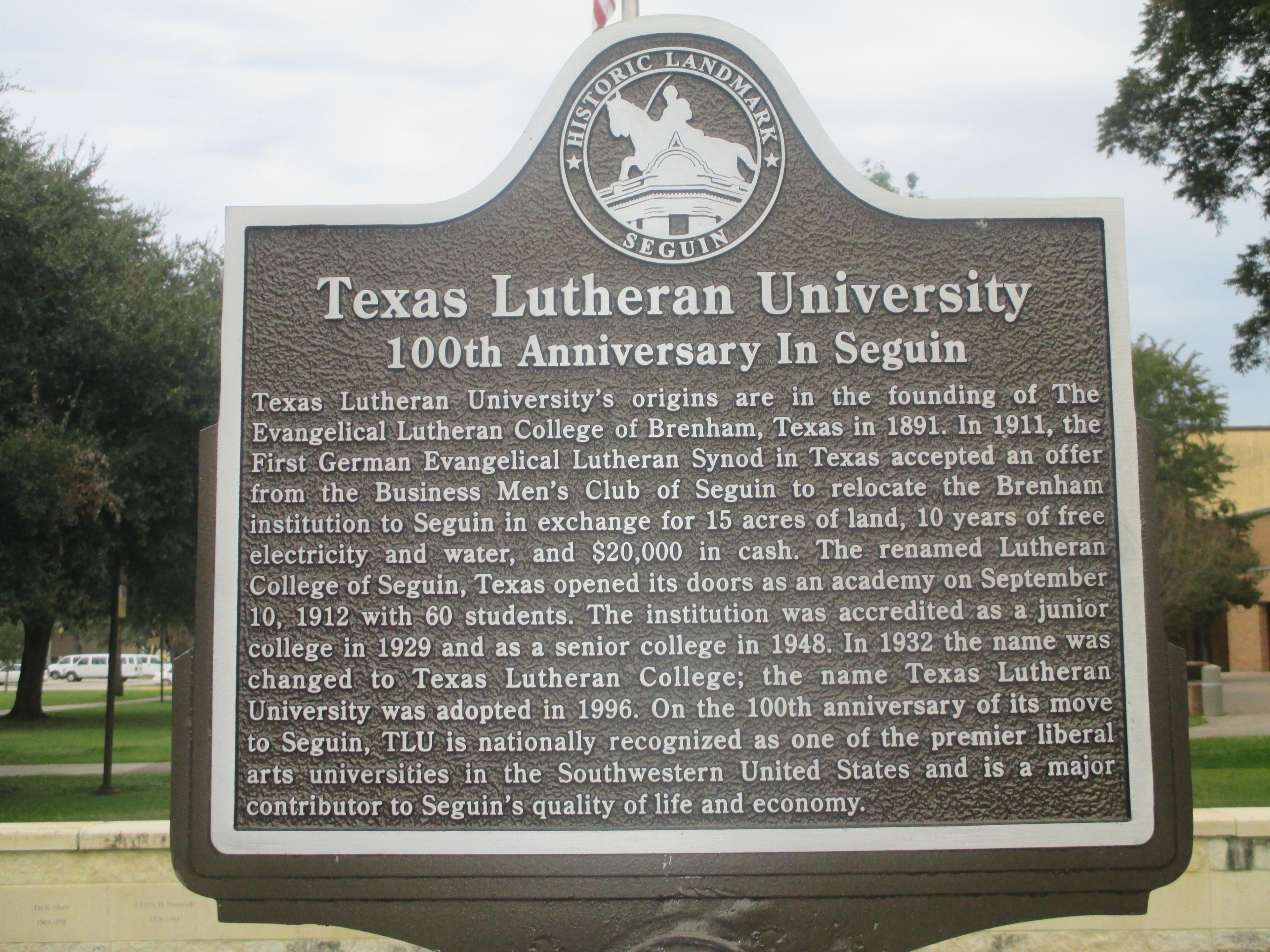 100th anniversary sign of Texas Lutheran University in Seguin, TX. Sign dated 2011; photo 2013