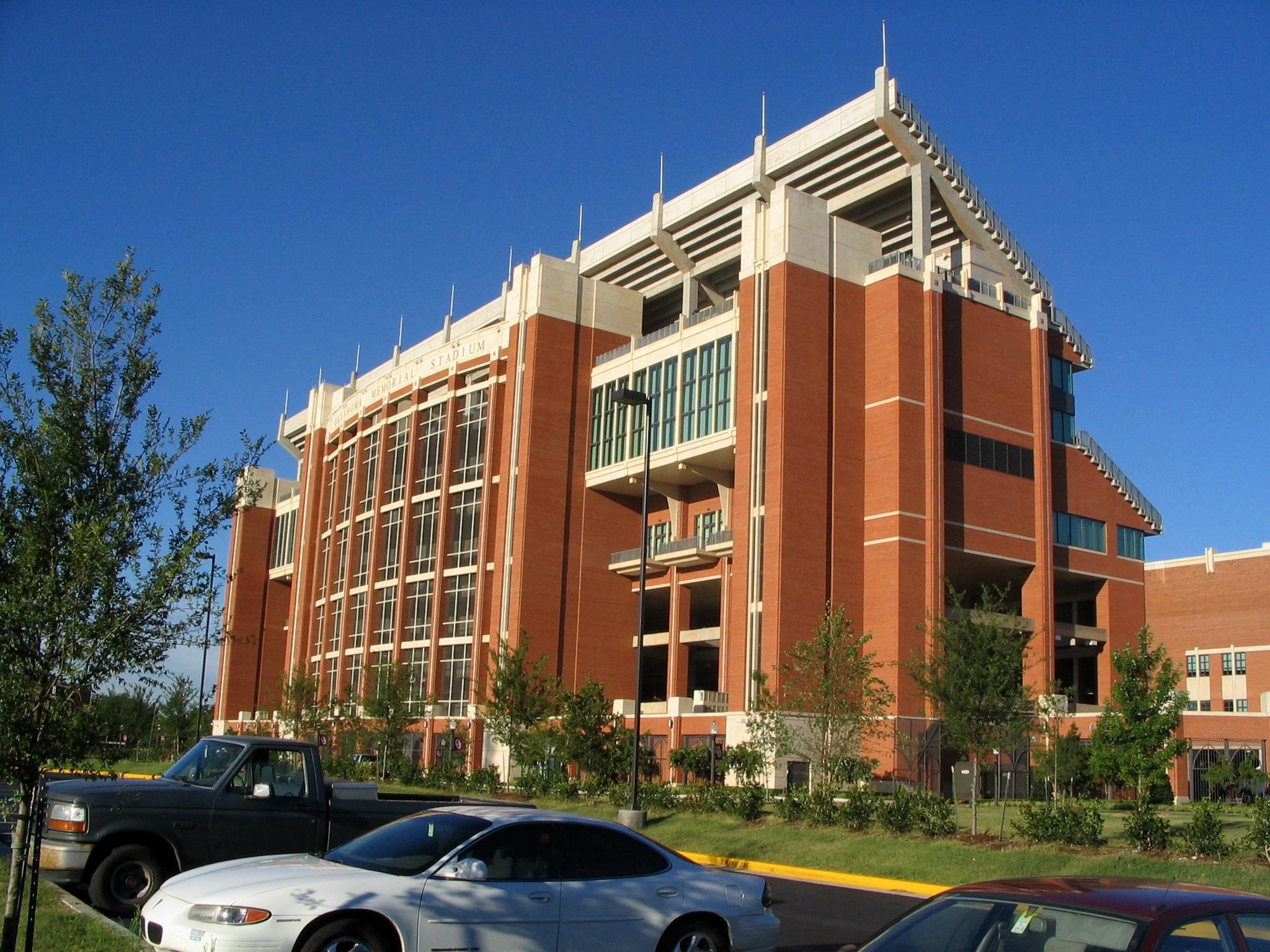 A view of the east side of Oklahoma Memorial Stadium in Norman, OK