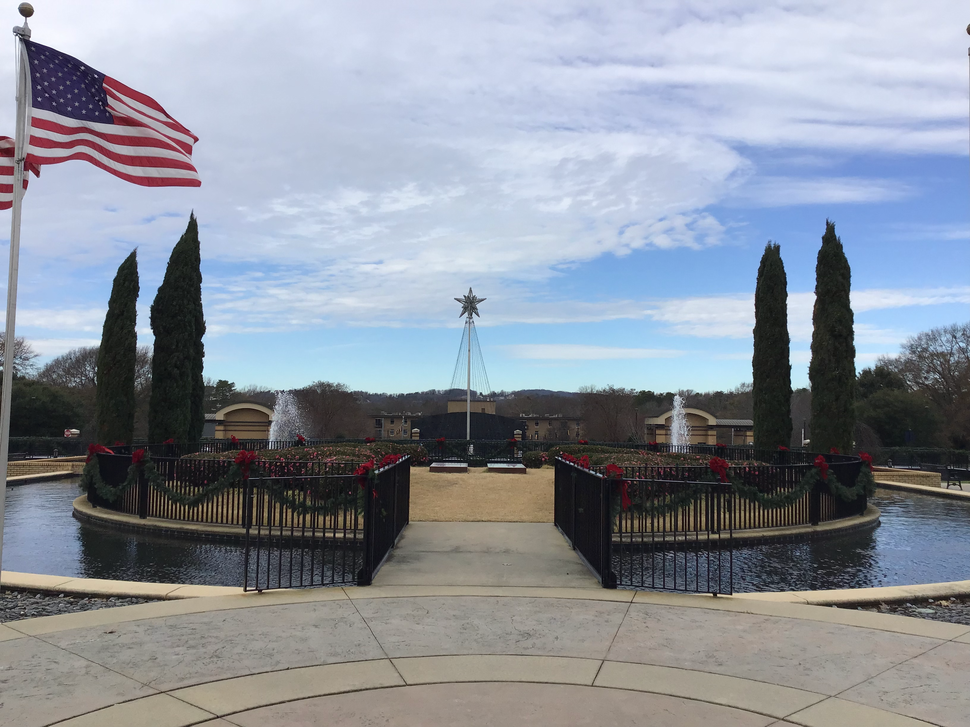 The front entrance to Bob Jones University during Christmas time