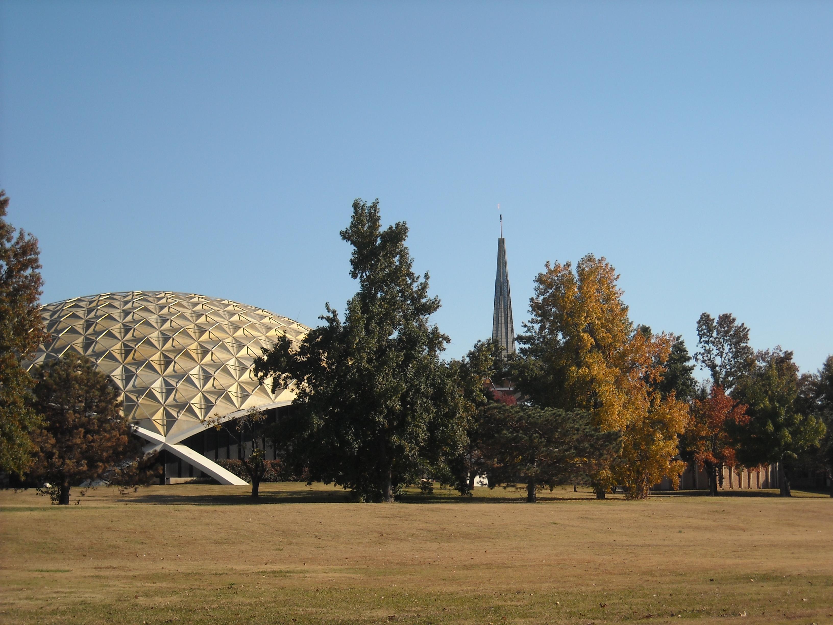 Howard Auditorium and the Prayer Tower at Oral Roberts University looking southeast.