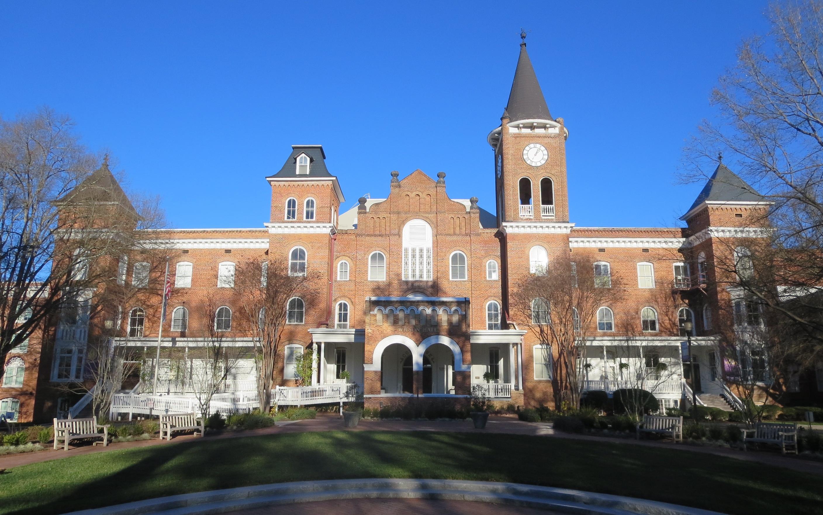 This is the main building at Converse College, now known as Wilson Hall. It was originally built in 1889, then rebuilt in 1892 after a fire.