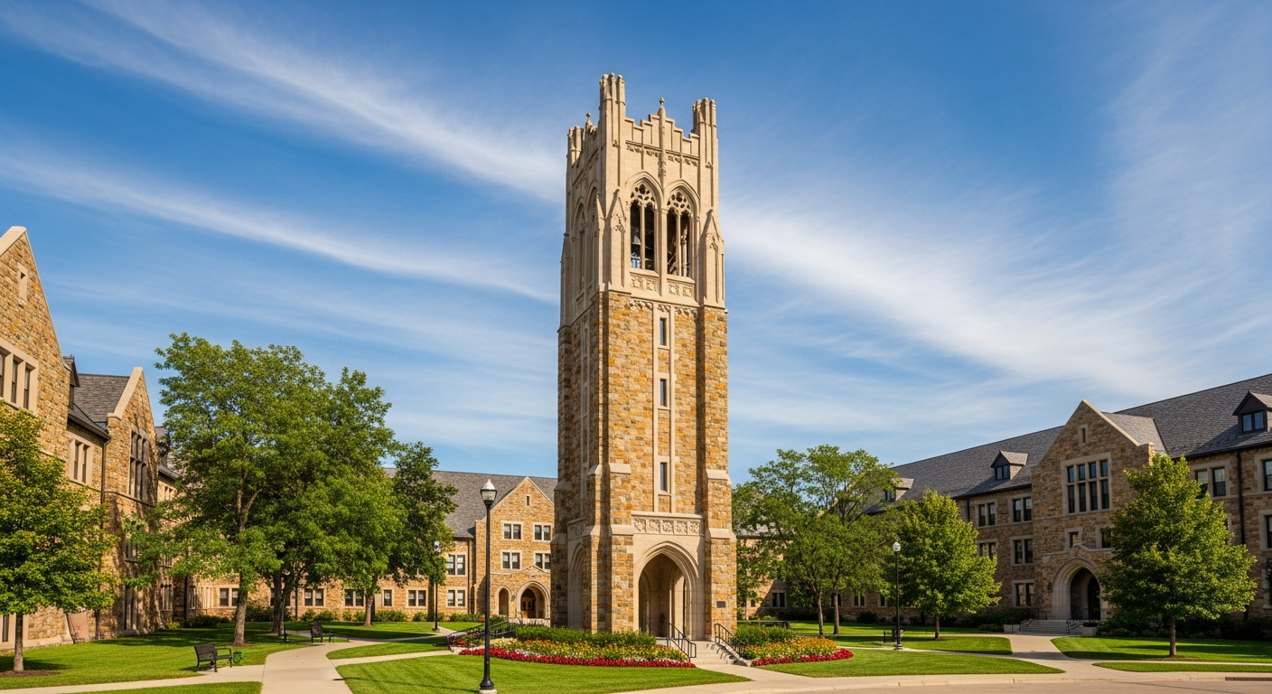 campus bell tower, clock tower, or landmark building