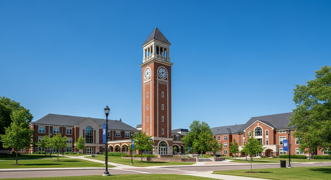 campus bell tower, clock tower, or landmark building
