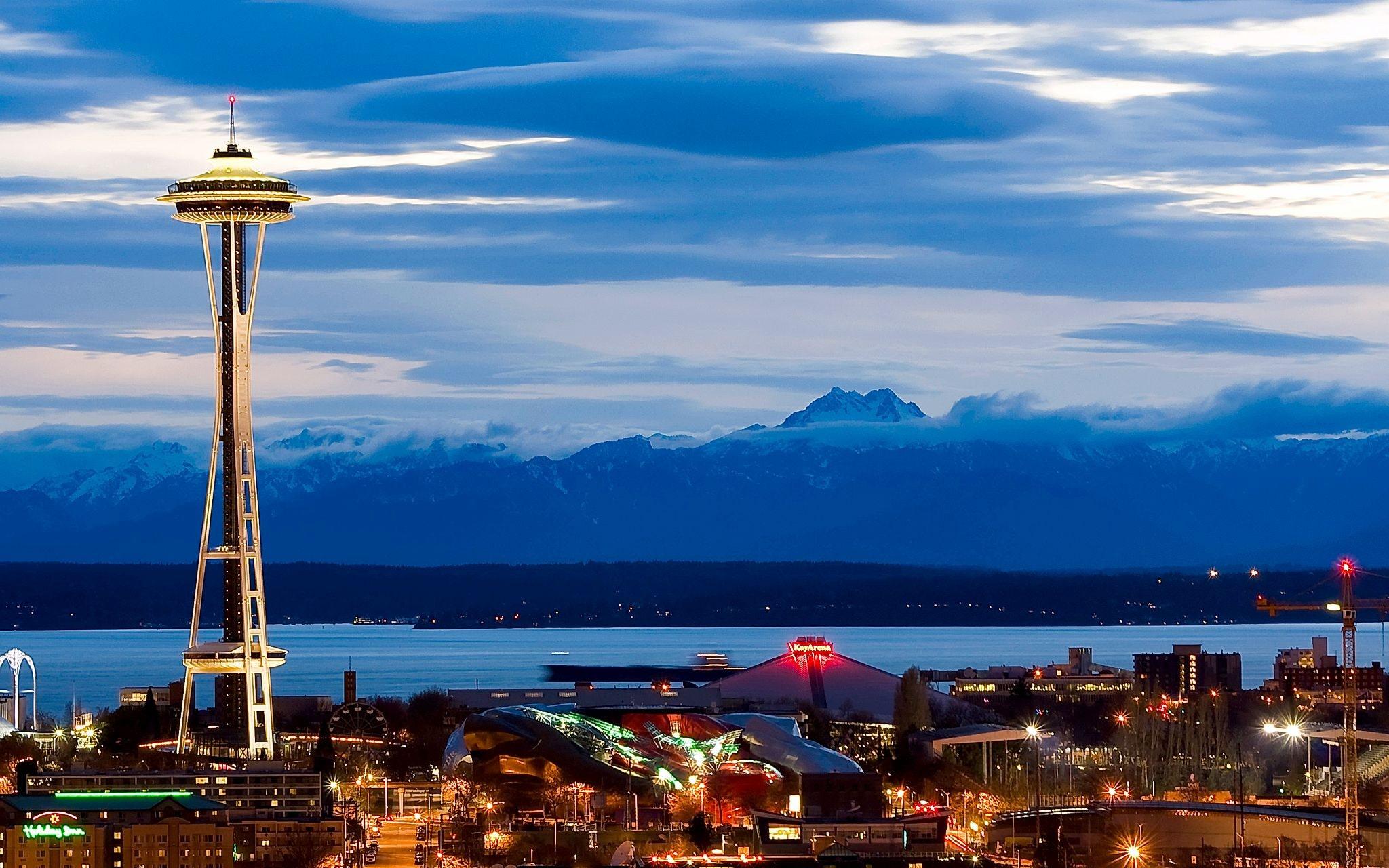 Seattle Center as night falls.