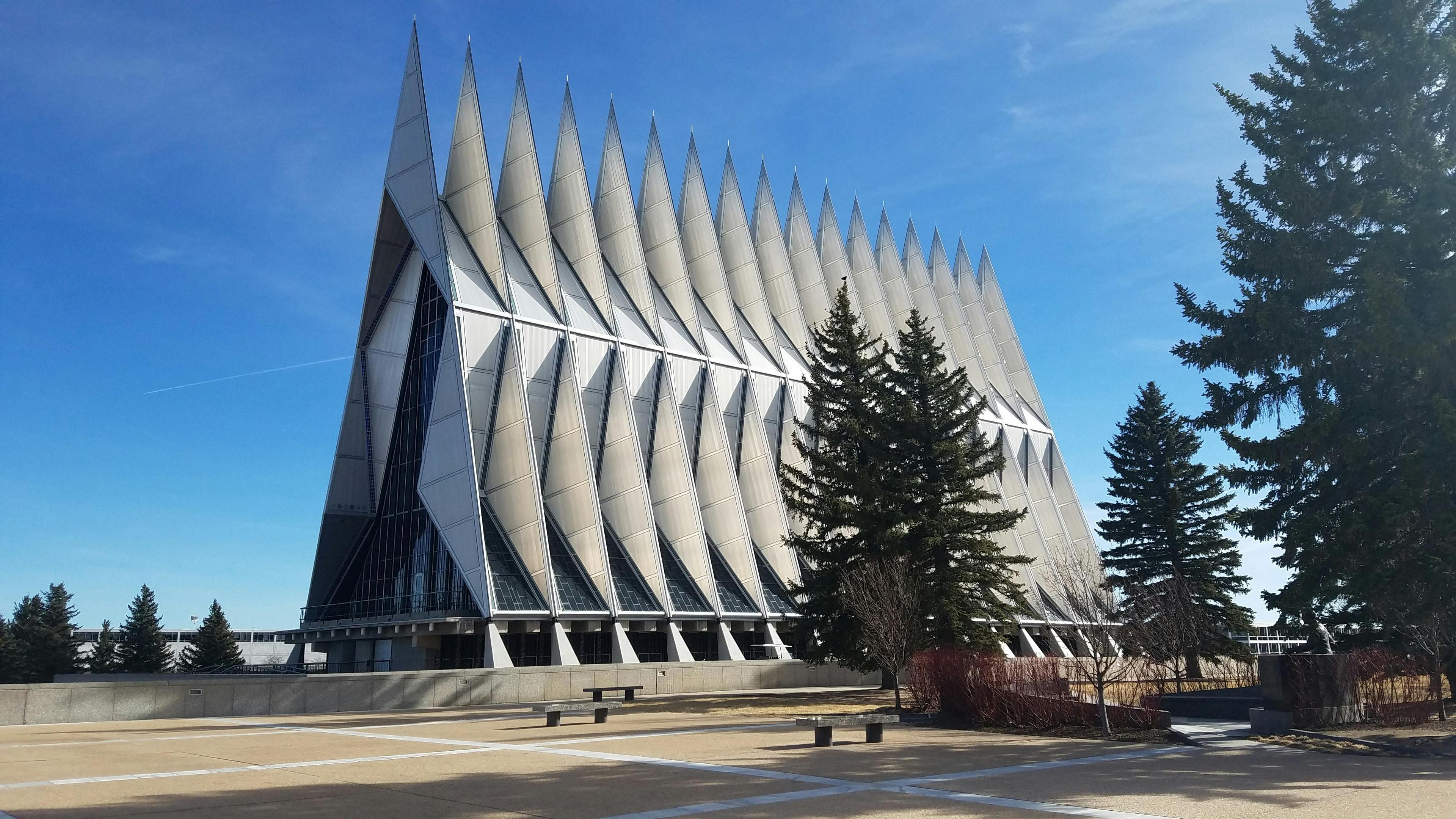 Iconic structure of the US Air Force Academy Cadet Chapel showcasing modern architectural design.