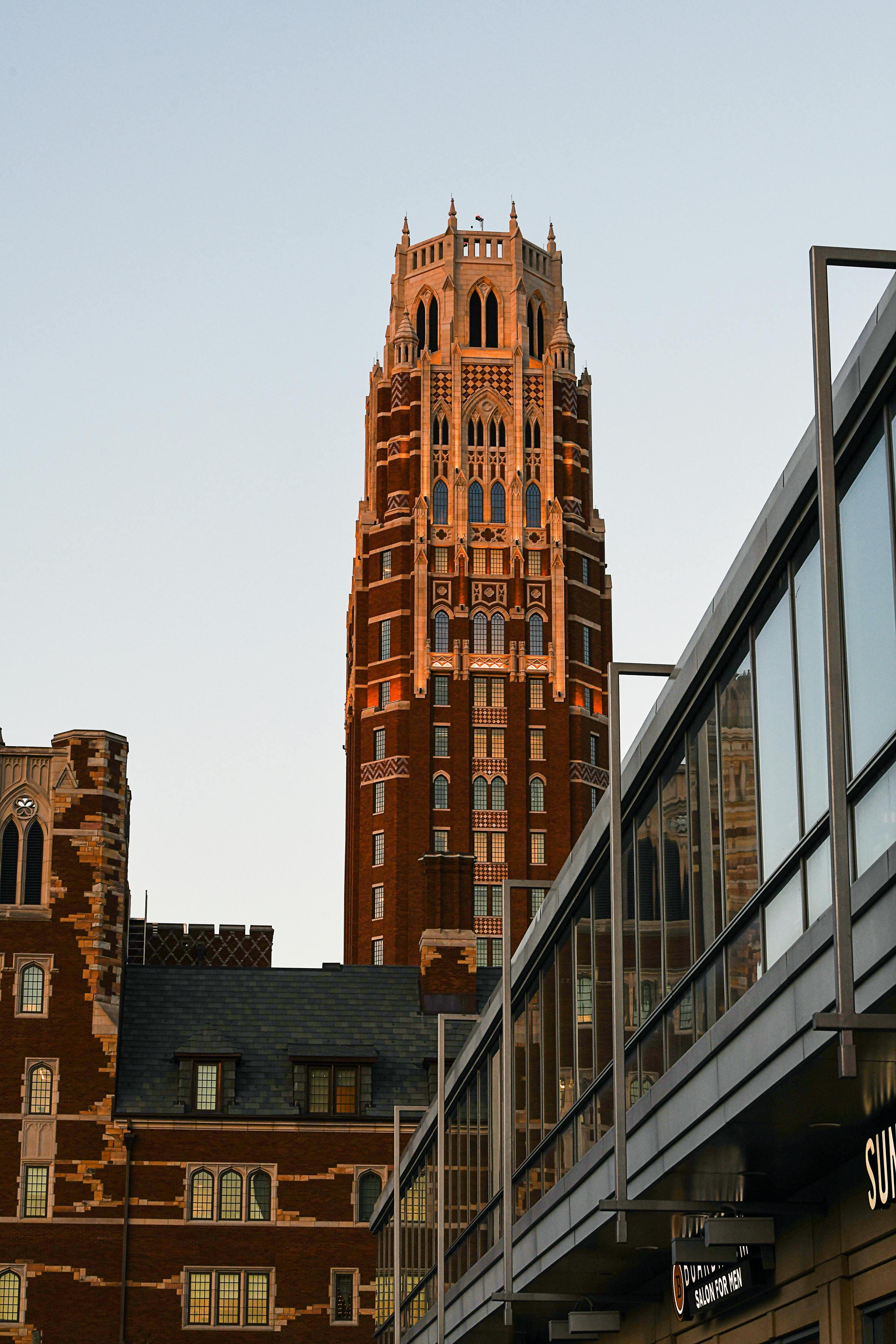Stunning view of the historic Vanderbilt University tower in Nashville during dusk.