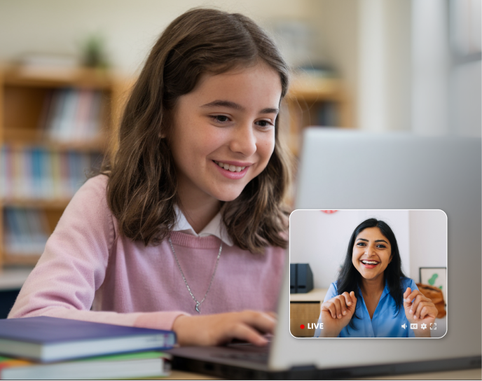 Student in headphones engaging in an online class with a tutor.